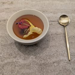 Flore  - @endoedibles on Instagram 07/05/25    Tomato Broth, Seasonal Herbs, Szechuan Pepper, Fruits
