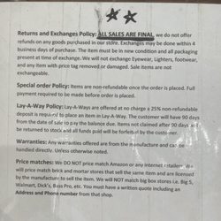 Perry's Knife and Tactical - Return and exchange policy that is posted in the store.