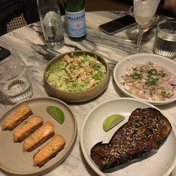 Salmon sushi, crispy prawn salad, octopus, miso aubergine