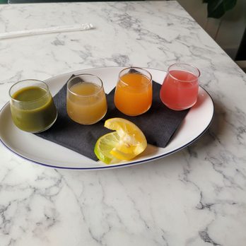 Breakfast At Barneys - Fresh pressed juice. FROM LEFT TO RIGHT: apple,   cantaloupe,  Watermelon - Breakfast & Brunch Near Me - Atlanta, Georgia