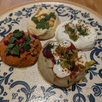 Clio - All 4 Spreads - hummus, muhammara, labneh and baba ganoush - Mediterranean Near Me - Omaha, Nebraska