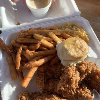 Mike's Chicken - Chicken tenders with creamed corn, fries, and a biscuit - Chicken Shop Near Me - Dallas, Texas