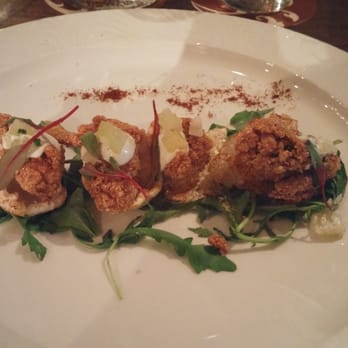 Soco Thornton Park - Small Plate - Cornmeal Crisped Oysters - Pickled Green Tomato Relish, Chicharrones, Herb Cream - Southern Near Me - Orlando, Florida Soco Thornton Park - Small Plate - Cornmeal Crisped Oysters - Pickled Green Tomato Relish, Chicharrones, Herb Cream - Southern Near Me - Orlando, Florida