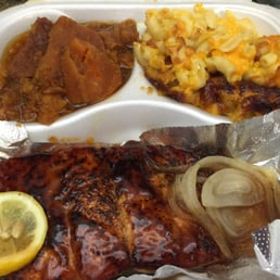 Honey glazed salmon, yams and mac and cheese.
