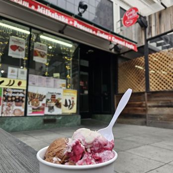 San Jose Candy Kitchen - Three scoops in there! Raspberry Vanilla on top. Underneath, chocolate peanut butter, and tin roof. - Ice Cream & Frozen Yogurt Near Me - San Jose, California San Jose Candy Kitchen - Three scoops in there! Raspberry Vanilla on top. Underneath, chocolate peanut butter, and tin roof. - Ice Cream & Frozen Yogurt Near Me - San Jose, California