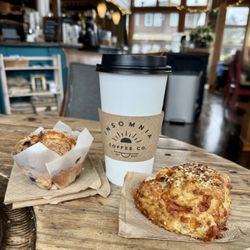 Insomnia Coffee - Americano, blueberry muffin and cheddar biscuit.