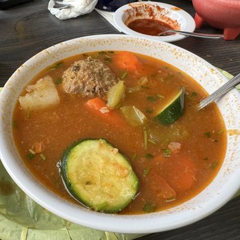 El Patio Tepeyac - Caldo de albóndigas, comes with tortillas a side of red rice and pico de gallo. Delicious! - Mexican Near Me - Alhambra, California