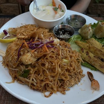 Nicky's Thai Kitchen - Combo pad Thai (chicken and shrimp) with pork dumpling and chicken on a stick. - Thai Near Me - Pittsburgh, Pennsylvania