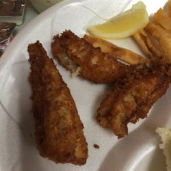 St Margaret of Cortona Church Bingo Hall - Use the lemon slice as a guide to see how small the fish is. These three were what I was given for my first round. Thank God for seconds :)