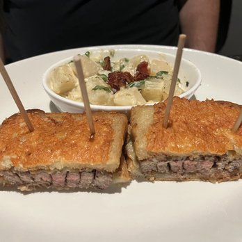 Nick's On State - Prime Rib Melt - best cheesy crust on the bread, slice of German potato salad (has very flavorful bacon on it!) - New American Near Me - Carlsbad, California