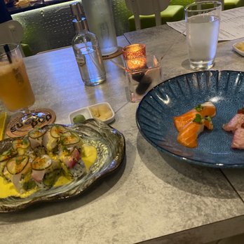 Sushi Pop - Acevichado, Salmon Belly nigiri, Yellow Tail Belly nigiri, and mandelo effect cocktail - Sushi Bars Near Me - Oviedo, Florida Sushi Pop - Acevichado, Salmon Belly nigiri, Yellow Tail Belly nigiri, and mandelo effect cocktail - Sushi Bars Near Me - Oviedo, Florida