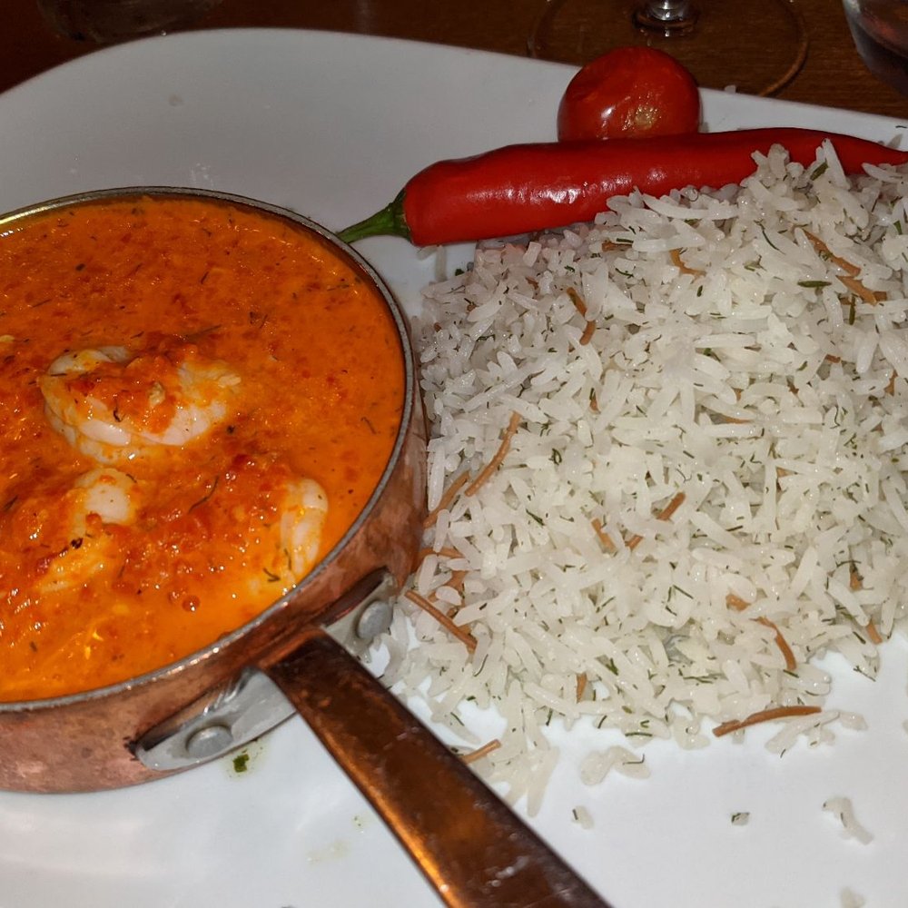 Elma - Georgian style king prawn stew: prawns cooked in a creamy romano pepper, garlic, dill and white wine sauce, served with dill rice - Mediterranean Near Me - Royal Leamington Spa, WAR
