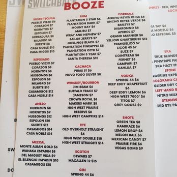 Switchback - February 2020 alcohol menu - Tacos Near Me - Durango, Colorado