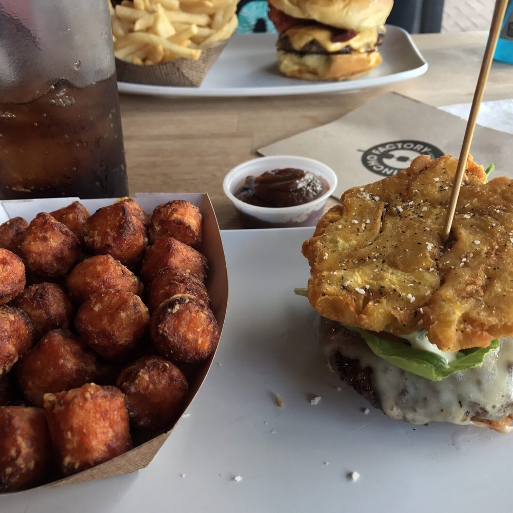 PINCHO - Tostones burger with sweet potato tater tots along with an apple butter dipping sauce! - Burgers Near Me - Miami, Florida PINCHO - Tostones burger with sweet potato tater tots along with an apple butter dipping sauce! - Burgers Near Me - Miami, Florida
