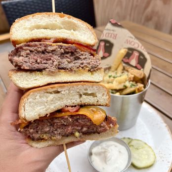 Red Cow St. Paul - 60/40 60% CAB & 40% ground bacon patty, wisconsin aged cheddar, beer mustard and candied bacon Truffle Parmesan Fries - Burgers Near Me - St Paul, Minnesota Red Cow St. Paul - 60/40 60% CAB & 40% ground bacon patty, wisconsin aged cheddar, beer mustard and candied bacon Truffle Parmesan Fries - Burgers Near Me - St Paul, Minnesota