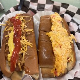 Chili cheese dog and pimento cheese dog. Chili cheese dog and pimento cheese dog.
