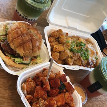 Bopomofo Cafe - Mapo Tofu Tots, spicy popcorn chicken, Spicy Taiwanese Fried Chicken Sandwich, BA-La matcha - Bubble Tea Near Me - Artesia, California