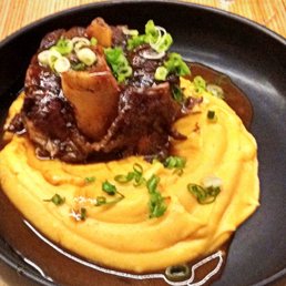 Osso Bucco on a bed of cauliflower mousseline -- melt-in-your-mouth delicious!