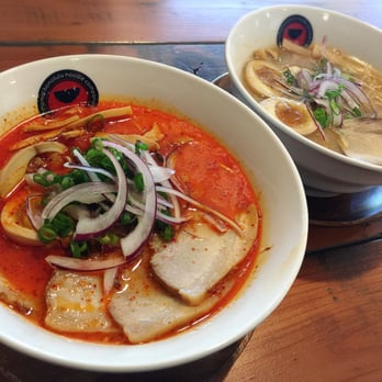 Junpuu - Bottom Left is Spicy Tokyo Tonkatsu Ramen with their Special (Ajitama Egg and Extra Char Siu). Top Right is Miso Ramen with Ajitama Egg. - Ramen Near Me - Honolulu, Hawaii Junpuu - Bottom Left is Spicy Tokyo Tonkatsu Ramen with their Special (Ajitama Egg and Extra Char Siu). Top Right is Miso Ramen with Ajitama Egg. - Ramen Near Me - Honolulu, Hawaii