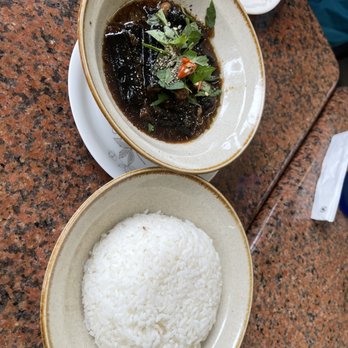 Thuong An Lac - This came with the bitter melon soup. There were imitation meat rolls with a black wrap and soy based sauce. It was very good. - Vegan Near Me - Honolulu, Hawaii