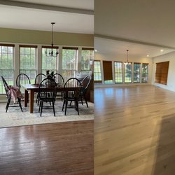 Dcmwoodflooring LP - Before and after of kitchen. Floors were red oak. We had them refinished with country white stain.