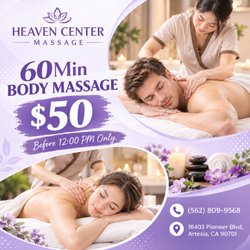 Heaven Center Massage - 60-Minute Body Massage for Just $50, Before 12 PM Only.