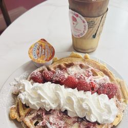 Postres Victoria - White chocolate raspberry waffle, and the most delicious caramel cold brew.