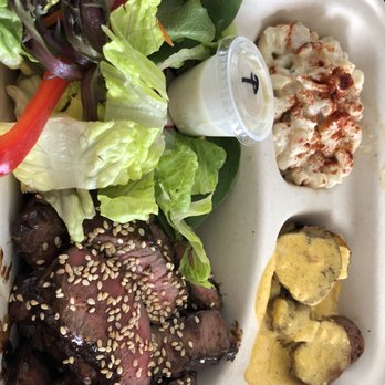 Aina Grill - Teriyaki steak, cheesy potatoes, Mac salad, and garden salad with papaya seed dressing - American Near Me - Waipahu, Hawaii
