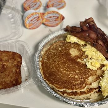Jumbo Hamburgers - Pancakes with bacon and scrambled eggs and added hash browns - Burgers Near Me - New York, New York