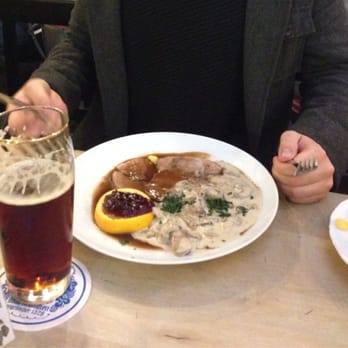 Zum Augustiner - Special of the day - roast boar with juniper sauce, mushrooms and noodles - German Near Me - Munich, BY Zum Augustiner - Special of the day - roast boar with juniper sauce, mushrooms and noodles - German Near Me - Munich, BY