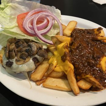 Burgers & Beer - Mushroom burger and upgraded fries (with chili) for a little extra $ - American Near Me - La Quinta, California Burgers & Beer - Mushroom burger and upgraded fries (with chili) for a little extra $ - American Near Me - La Quinta, California