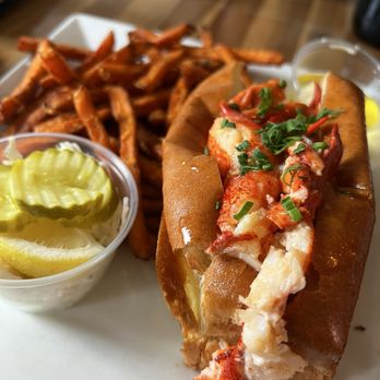 The Breachway Grill - Hot Lobster Roll! So fresh and delicious with a side of sweet potato fries. - Pizza Near Me - Charlestown, Rhode Island