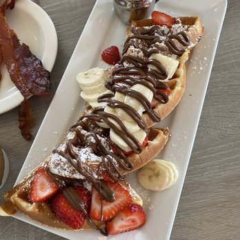 Millie's Cafe - Pasadena - Strawberry banana Nutella waffles and bacon - Breakfast & Brunch Near Me - Pasadena, California