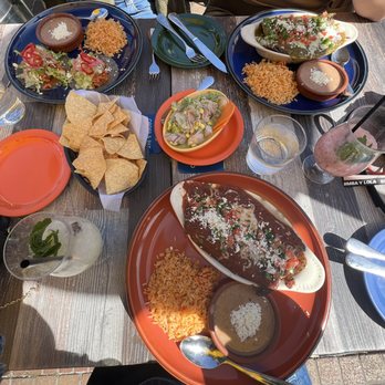 Barrio - Chicken tings enchiladas with the red sauce (center), chicken tinga enchiladas with the green sauce (upper R), chicken tinga tacos (upper L) - Mexican Near Me - San Francisco, California