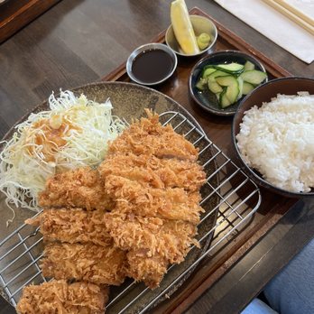 Jungdon Katsu - Pork tenderloin with sides: salad, rice, cucumber - sauce, lemon, wasabi - Japanese Near Me - Emeryville, California