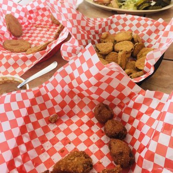 Sam's Southern Eatery - Fried oysters (almost gone...whew!), hush puppies, red beans & rice, fried pickles and fried green tomatoes, shrimp salad. - Seafood Near Me - Norman, Oklahoma Sam's Southern Eatery - Fried oysters (almost gone...whew!), hush puppies, red beans & rice, fried pickles and fried green tomatoes, shrimp salad. - Seafood Near Me - Norman, Oklahoma