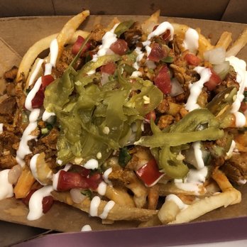 Pink Taco Truck - Street fries with al pastor ($11) - Food Trucks Near Me Pink Taco Truck - Street fries with al pastor ($11) - Food Trucks Near Me