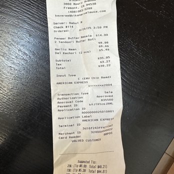 Bikanervala - Receipt of purchase and proof of purchase - Indian Near Me - Fremont, California