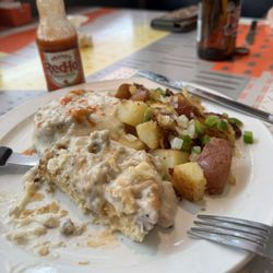 Bob's Diner - Biscuits and sausage gravy, and Bob's home fries with Frank's red hot sauce