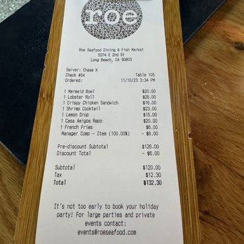 Roe Seafood Restaurant - Not bad for 2 adults and one child! - Seafood Near Me - Long Beach, California