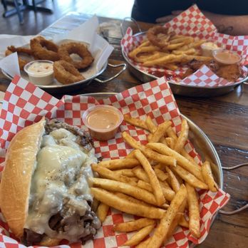 Bros Burger - Philly cheesesteak, O-Rings, and the fish and chips basket. - Burgers Near Me - Puyallup, Washington