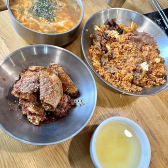 Spoon - All of my favorite Spoon dishes in one photo! Chicken Wings, Kimchi Fried Rice, Korean Noodle Soup and Honey Citron Ginger Tea. - Korean Near Me - Berkeley, California