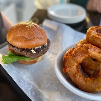 Industry Gastro Lounge - Black and Bleu Burger with Onion Rings - Gastropubs Near Me - Oklahoma City, Oklahoma Industry Gastro Lounge - Black and Bleu Burger with Onion Rings - Gastropubs Near Me - Oklahoma City, Oklahoma
