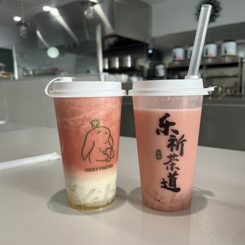 Lucky FruiTea - Watermelon duo x2. Right side is mixed and the left is before shaking it up. - Bubble Tea Near Me - San Gabriel, California