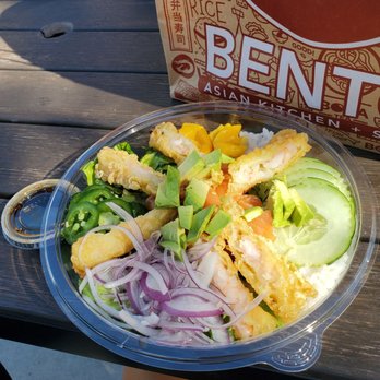 BENTO - Downtown - Create your own poke Teriyaki sauce, Salmon(reg), tempura shrimp, red onions, mangoes, jalepenos, cucumber, avocado, lettuce, rice. - Japanese Near Me - Dania Beach, Florida BENTO - Downtown - Create your own poke Teriyaki sauce, Salmon(reg), tempura shrimp, red onions, mangoes, jalepenos, cucumber, avocado, lettuce, rice. - Japanese Near Me - Dania Beach, Florida