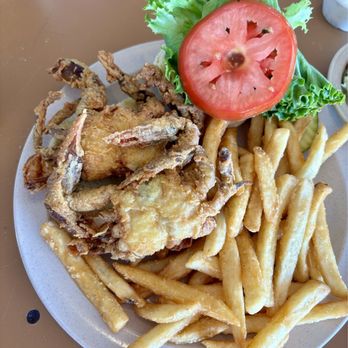 Fisherman's Crab Deck - Softshell crab sandwich on potato bun with fries. - Seafood Near Me - Grasonville, Maryland