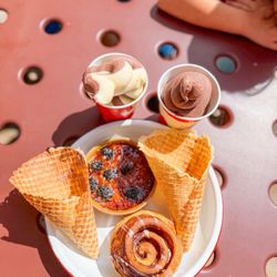 Ballerina Farm - Icecream with sourdough waffle cones, cinnamon roll, creme brulee