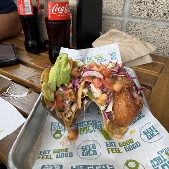 Haggo's Organic Taco - Shrimp (left) Fish (right) - Tacos Near Me - Encinitas, California Haggo's Organic Taco - Shrimp (left) Fish (right) - Tacos Near Me - Encinitas, California