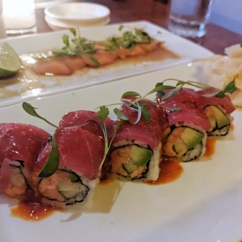Lure Fishbar - Lure House Roll: Shrimp Tempura, Cucumber, topped with Spicy Tuna
Salmon Tiradito: Serrano Chili, Miso Yuzu Vinaigrette, Sesame Oil - Seafood Near Me - New York, New York Lure Fishbar - Lure House Roll: Shrimp Tempura, Cucumber, topped with Spicy Tuna
Salmon Tiradito: Serrano Chili, Miso Yuzu Vinaigrette, Sesame Oil - Seafood Near Me - New York, New York