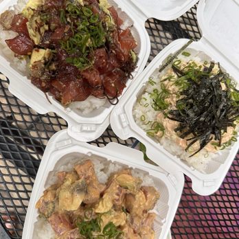 Sato Seafood - Spicy limu (top left), salmon mayo pon (top right), spicy sato (bottom) poke bowls. All top notch - Poke Near Me - Honolulu, Hawaii Sato Seafood - Spicy limu (top left), salmon mayo pon (top right), spicy sato (bottom) poke bowls. All top notch - Poke Near Me - Honolulu, Hawaii